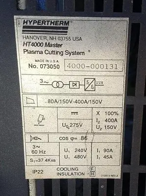 USED 1994 HYPERTHERM 400 AMP 100% D.C. PLASMA POWER SOURCE