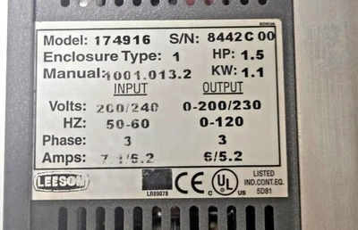 Leeson Speedmaster Adjustable Speed AC Motor Controller # 174916 HP 1-1/2