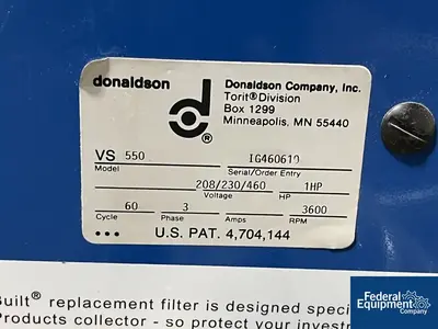 USED Donaldson Torit 65 Sq Ft Torit Dust Collector, C/S, Model VS550, 1 HP
