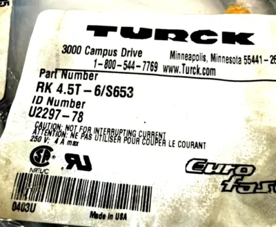 NEW TURCK RK 4.5T-6/S653 CORDSET U2297-78 RK45T6S653