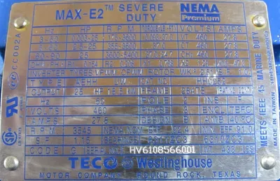 NEW TECO WESTINGHOUSE HH0252 MAX-E2 MOTOR 25HP 284TS AEHHUW 460V