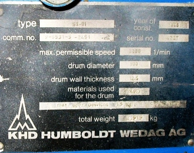 Humboldt S 3-01 solid bowl decanter centrifuge, 316SS.