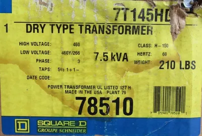 NEW SQUARE D 7T145HDIT DRY TYPE TRANSFORMER 7.5KVA 78510