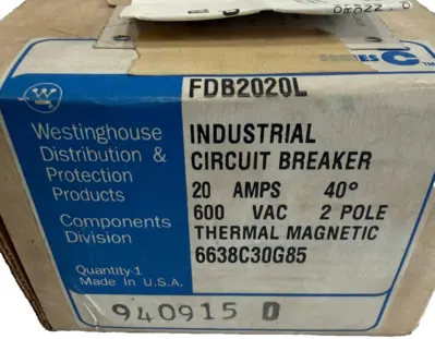 NEW WESTINGHOUSE FDB2020L CIRCUIT BREAKER FDB14K SERIES C 20 AMP 2 POLE 600V