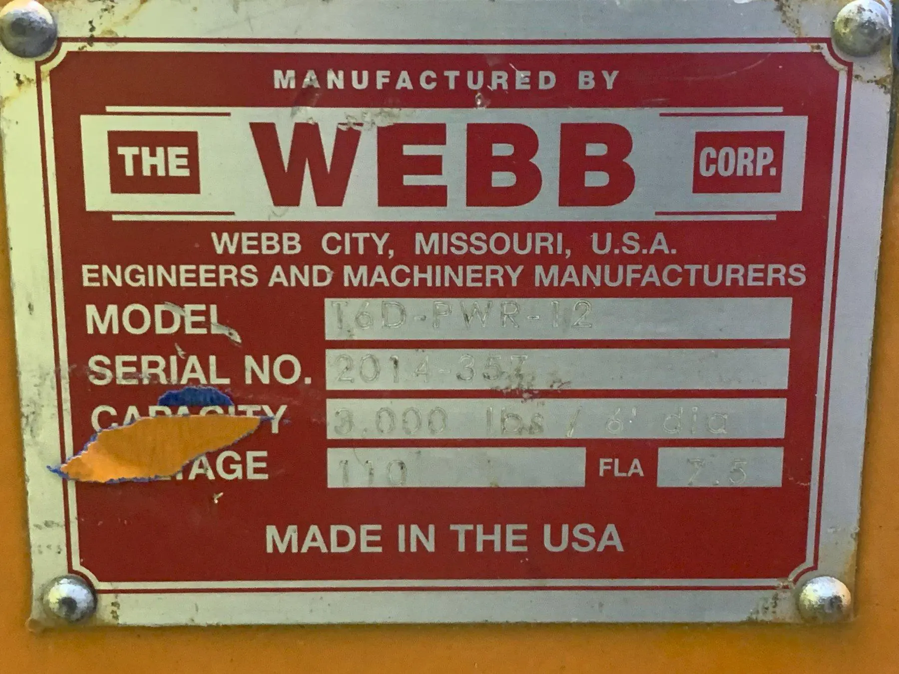 3,000 LB WEBB MODEL #T6D-PWR-12 POWERED TANK TURNING ROLL, SINGLE PHASE 110v: STOCK #16160