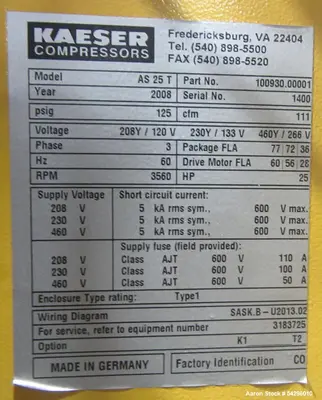 Used KAESER AS 25 T Rotary Screw & Sliding Vane Air Compressors Illinois US | Aaron Equipment #787353