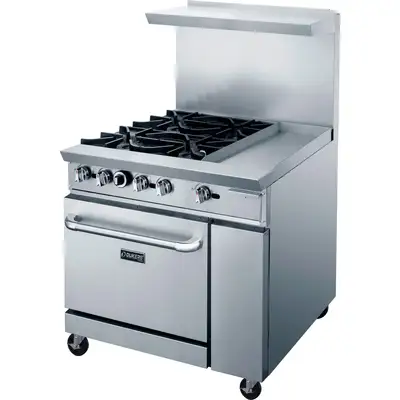New | in-Stock Dukers New Dukers DCR36-4B12GM 36" Gas Range with Four (4) Open Burners & 12" Flat Top Griddle Commercial Ranges Illinois US | Falcon Restaurant Supply #1376280