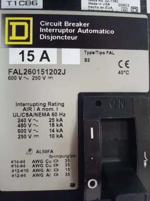 Square D FAL260151202J 15 Amp Industrial Circuit Breaker 600VAC 2 Pole Used