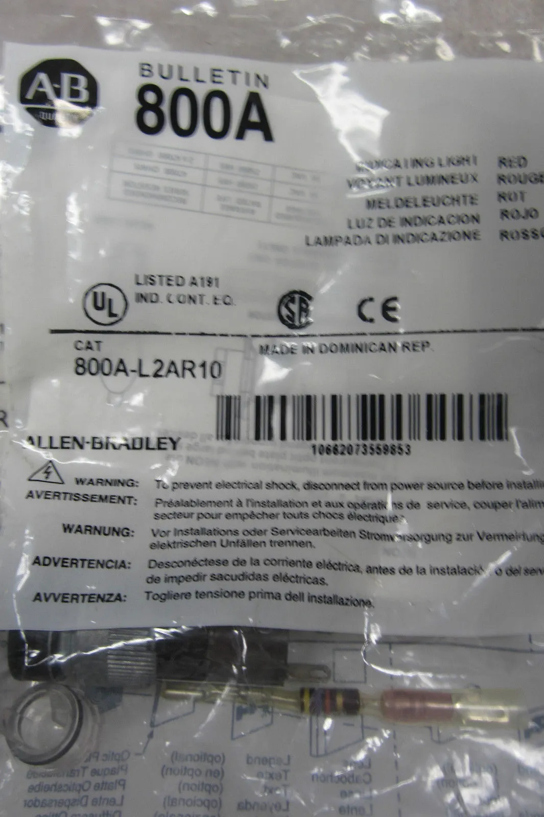 NEW ALLEN BRADLEY 800A-L2AR10 INDICATING LIGHT 800AL2AR10