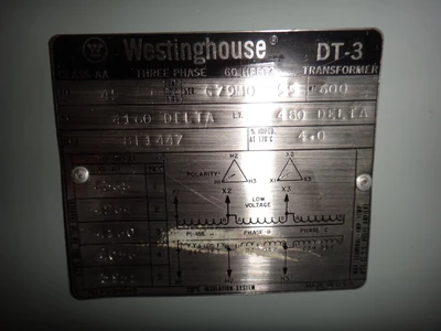 Westinghouse 45 KVA, 4160 Delta, 480 Delta Dry Type Transformer
