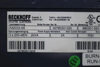 Beckhoff AX2003-AS S60301-520 Digital Compact Servo Drive Amplifier STK 3450-D
