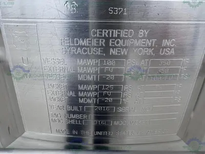 USED FELDMEIER 400 LITER STAINLESS STEEL JACKETED REACTOR 100 PSI/FV W/ 3 HP MOTOR