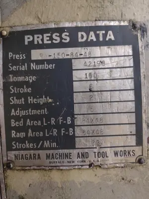150 TON NIAGARA MODEL PN-150-84-48 SS SSDC STAMPING PRESS, 6" STROKE: STOCK #17008
