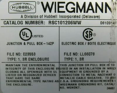 NEW HUBBELL WIEGMANN RSC101206WW JUNCTION BOX 13A912