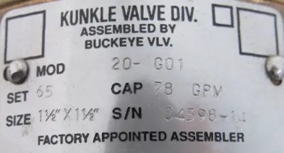 NEW KUNKLE 20-G01 SAFETY RELIEF VALVE 04398-13 20G01MG075