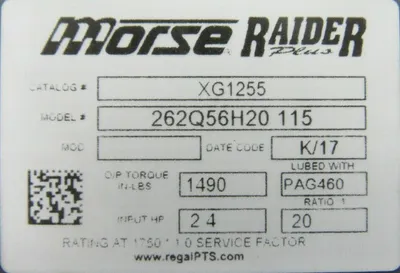 NEW MORSE RAIDER 262Q56H20-115 GEAR REDUCER 20:1 XG1255