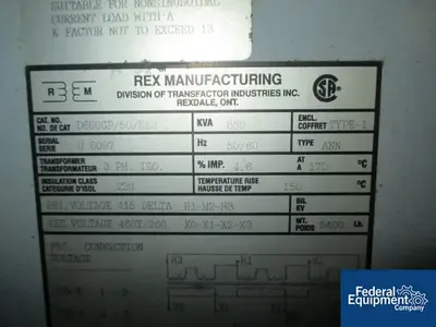 USED Rex Manufacturing 660 KVA Rex Mfg. Isolation Transformer