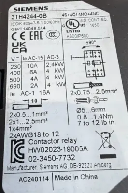 NEW SIEMENS 3TH4244-0BB4 CONTROL RELAY 3TH42440BB4