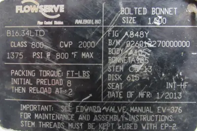 NEW FLOWSERVE A848Y GLOBE VALVE SOCKET WELD 1.5" B16.34LTD