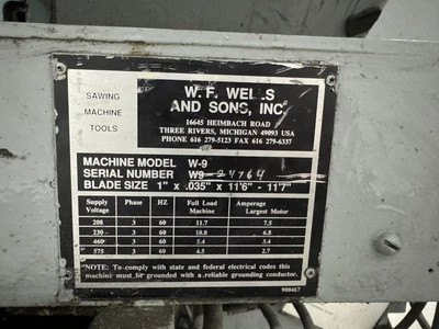 USED W.F. WELLS W-9 HORIZONTAL SAW