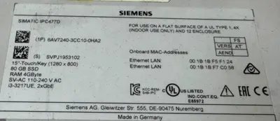 SIEMENS 6AV7240-3CC10-0HA2 OPERATOR INTERFACE 15" IPC477D REFURBISHED