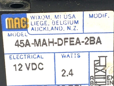 45A-MAH-DFEA-2BA | MAC Valves  Manual Operator Solenoid Coil 12VDC 2.4W - Used
