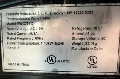 72-0421 Franklin FWC20TC Thermoelectric Wine Cellar