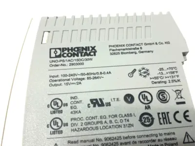 UNO-PS/1AC/15DC/30W,2903000 | Phoenix Contact UNO-PS/1AC/15DC/30W Power Supply, Primary Switched 2903000 - Used