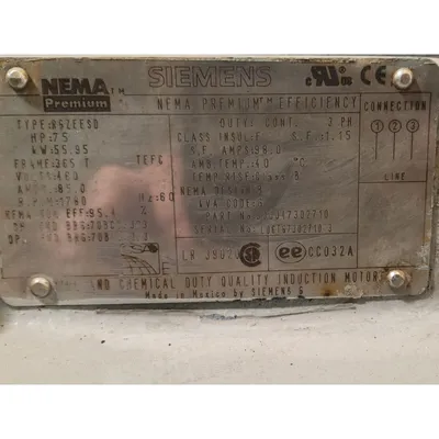 Used 75HP Siemens NEMA Premium Motor, 460V, 1780RPM, 365T Frame