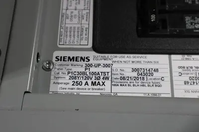SIEMENS P1 250A 208Y/120V P1C30BL100ATST MAIN BEAKER STOCK HS47
