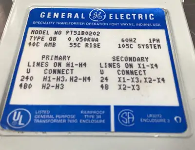 GE Type QB Transformer 9T51B0202 Pri:240/480V Sec:24/48V 60Hz 1Ph 4C-26