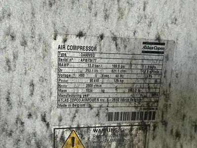 125 HP ATLAS COPCO AIR COMPRESSOR MODEL GA90VSD MANUFACTURED 2019