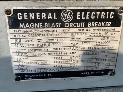 GE MagneBlast Breaker AM-4.16-250H-4S,1200A,4160V, EO/DO, 125/48