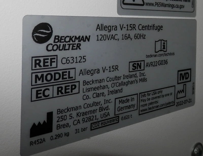 Used BECKMAN COULTER ALLEGRA V-15R Lab Centrifuges California US | Biotech Equipment Sales #1464299