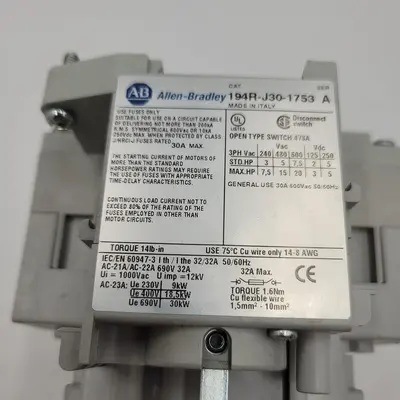 Used ALLEN BRADLEY ALLEN BRADLEY DISCONNECT SWITCH 194R-J30-1753 SER A CLASS J HRCI-J 30A & 194R-HS4E Disconnects | ND Industrial Surplus #1216531