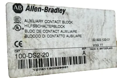 ALLEN BRADLEY 100-DS2-20 AUXILIARY CONTACT BLOCK 100DS220 NEW, SURPLUS