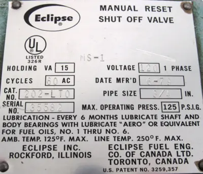 USED ECLIPSE 202-LT0 MANUAL RESET SHUTOFF VALVE 3/4" 202LT0