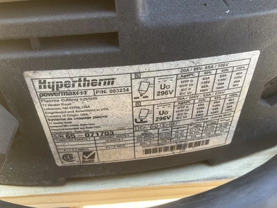 Hypertherm Powermax 65 plasma cutter, 200-480 volt 3 phase electric, has torch lead but not the grou...
