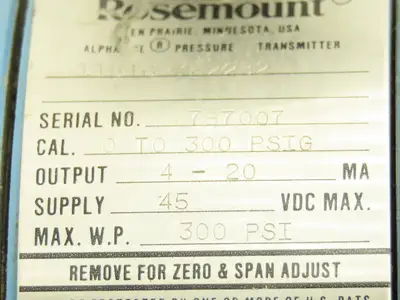 Rosemount 1151GP7E22B2 SMART Gauge Pressure Transmitter 0-300psig 45VDC