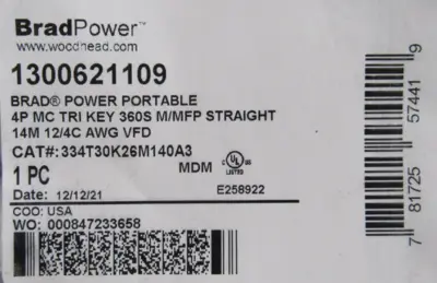 NEW WOODHEAD 1300621109 DOUBLE-ENDED CORDSET 14M 12/4C AWG 334T30K26M140A3