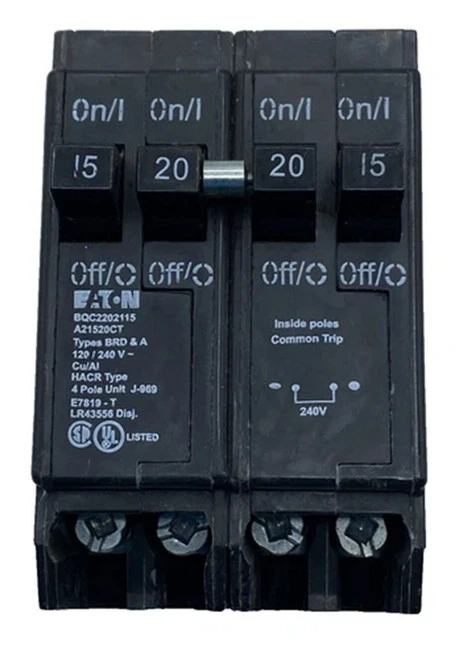 Eaton BQC2202115 Circuit Breaker, Type BQC, 4-Pole, 2x 15A 1x20A, 120/240V [New]