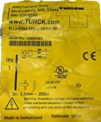 NEW TURCK S4604485 PROXIMITY SWITCH BI 1.5-GS880-AP6X-0.3M-PSG 3M