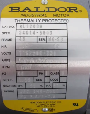 NEW BALDOR RL1203A MOTOR .5HP 115/208-230V 1725RPM