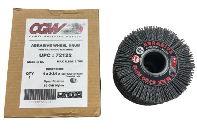 CGW 4" x 2-3/4" x 5/8-11 Abrasive Nylon Brush Wheel Drum 80 Grit
