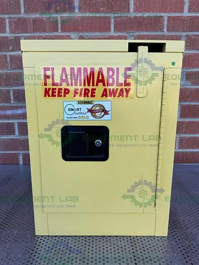 Used SECURALL 4 GALLON FLAMMABLE LIQUID STORAGE CABINET W/ SOFT CLOSE DOOR, SHELVES Biological Safety Cabinets | Equipment Lab #486634