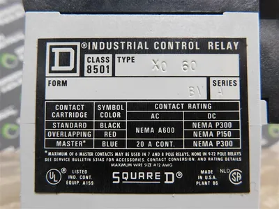 Square D 8501 X0-60 AC Control Relay 120V 60Hz Coil Series A New