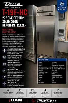 True T-19F-HC 27" One Section Solid Door Reach-In FreezerTrue T-19F-HC 27" One Section Solid Door Reach-In Freezer