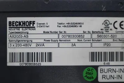 Beckhoff AX2003-AS S60301-520 Digital Compact Servo Drive Amplifier STK K-409-D