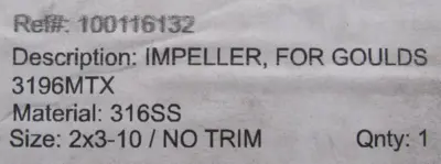 NEW GOULDS 2×3-10 IMPELLER FOR 3196MTX 2310 100116132