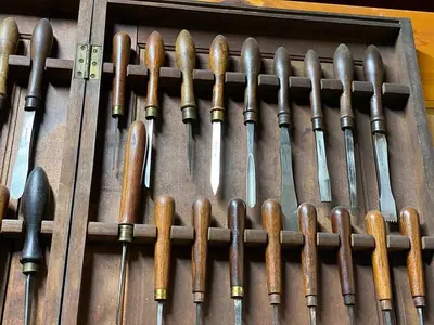 7446-385 Antique Holtzapffel Ornamental Lathe Turning Tools Chisel Set, London -54 Each